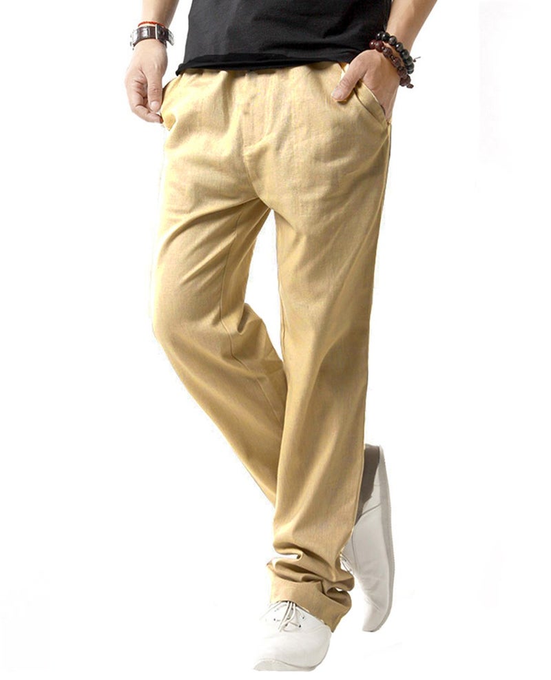 SIR7 Men's Linen Casual Lightweight Drawstrintg Elastic Waist Summer Beach Pants Khaki Medium - Image 1